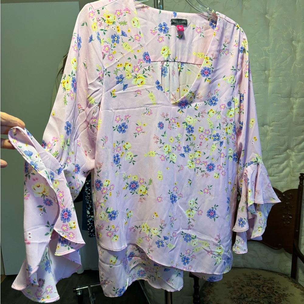 Vince Camuto Lavender Floral Blouse with Ruffle Sleeves